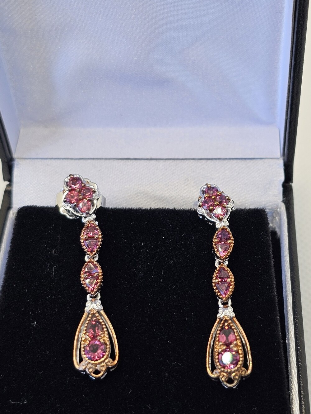 Genuine Pink Tourmaline Earrings Palladium Sterling Silver 18k Rose Gold - Picture 8 of 9